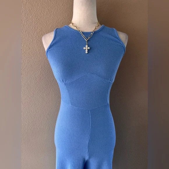 Blue Thick Ribbed Sleeveless Jumpsuit - Picture 5 of 9